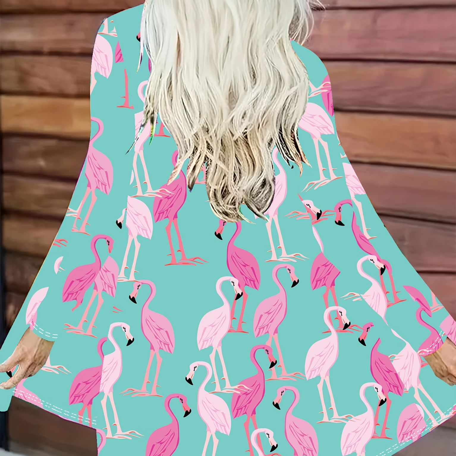 

Plus Size Flamingo Print Open Front Top, Casual Long Sleeve Top For Spring & Fall, Women's Plus Size Clothing