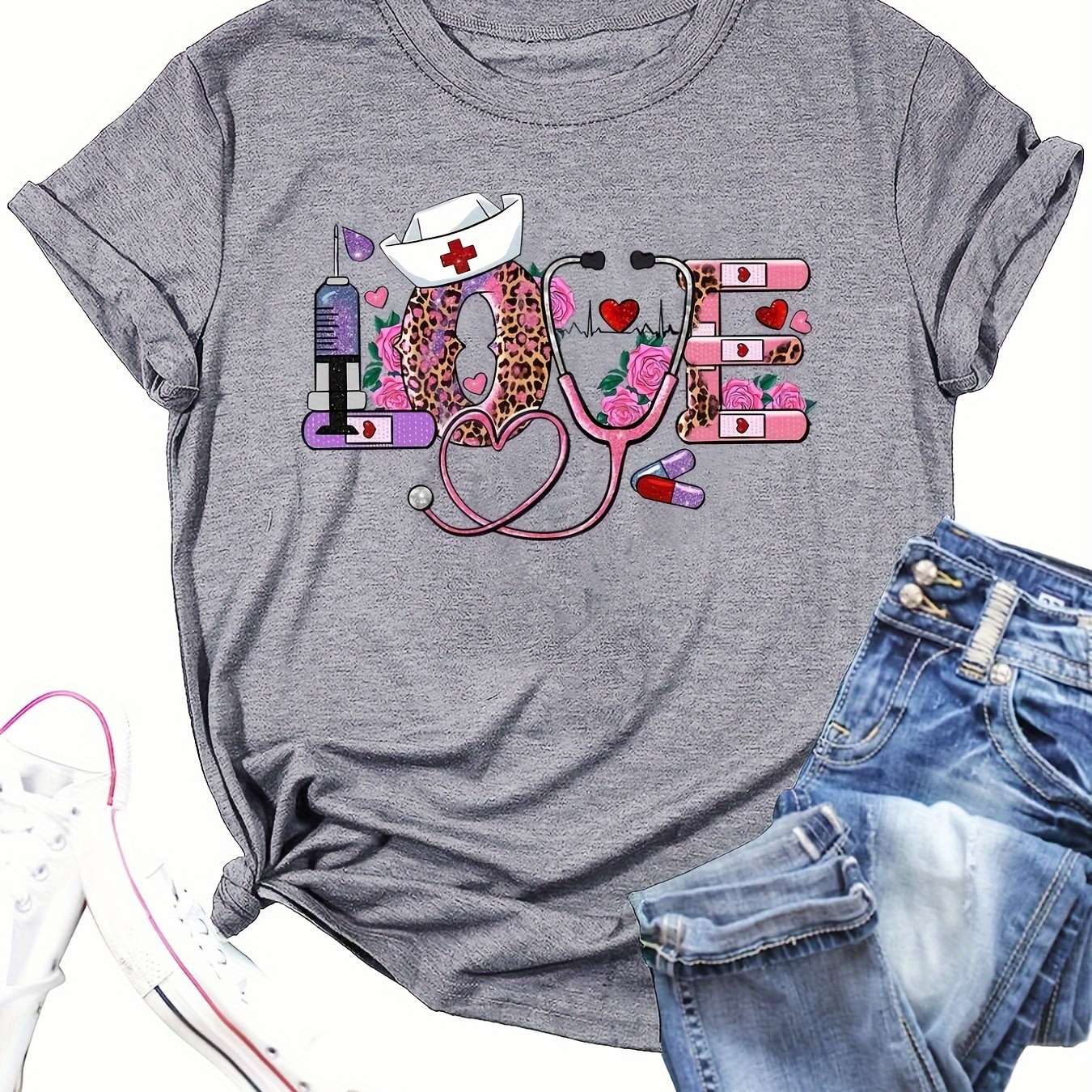 

Valentine's Day Nurse Element Print T-shirt, Casual Crew Neck Short Sleeve Top For Spring & Summer, Women's Clothing