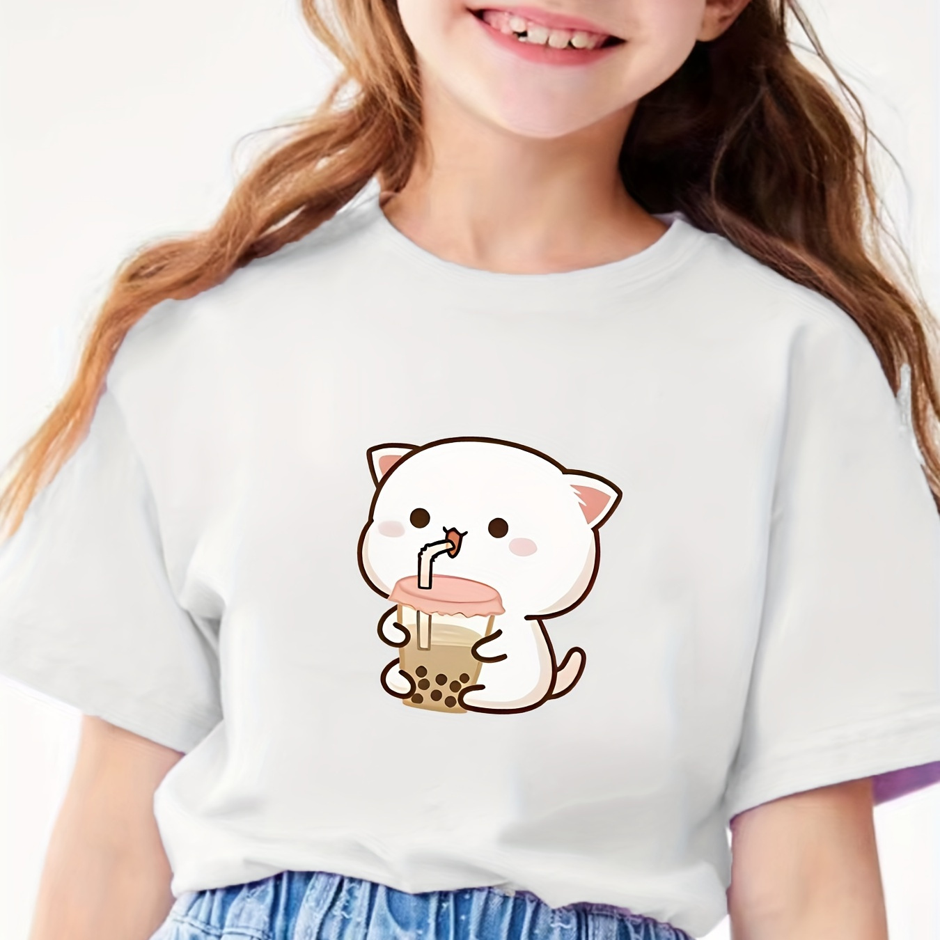 

Cartoon Cat With Bubble Tea Graphic Print, Girls' Casual Crew Neck Short Sleeve T-shirt, Comfy Top Clothes For Spring And Summer For Outdoor Activities