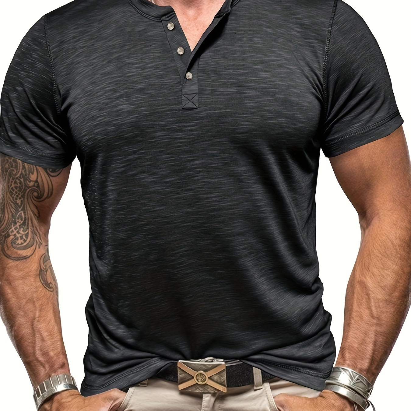 

Men's Casual Crew Neck Henley Shirt, Summer Short Sleeve Sports T-shirt In Solid Color, Comfortable Fit For Summer Sports And Casual Wear