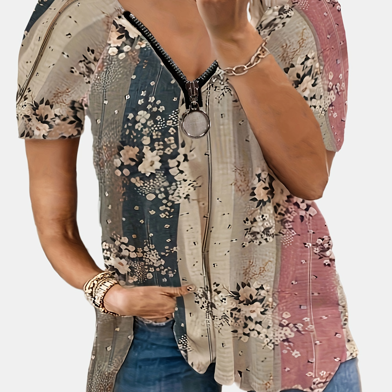 

Plus Size Casual Top, Women's Plus Colorblock Floral Print V Neck Zipper T-shirt
