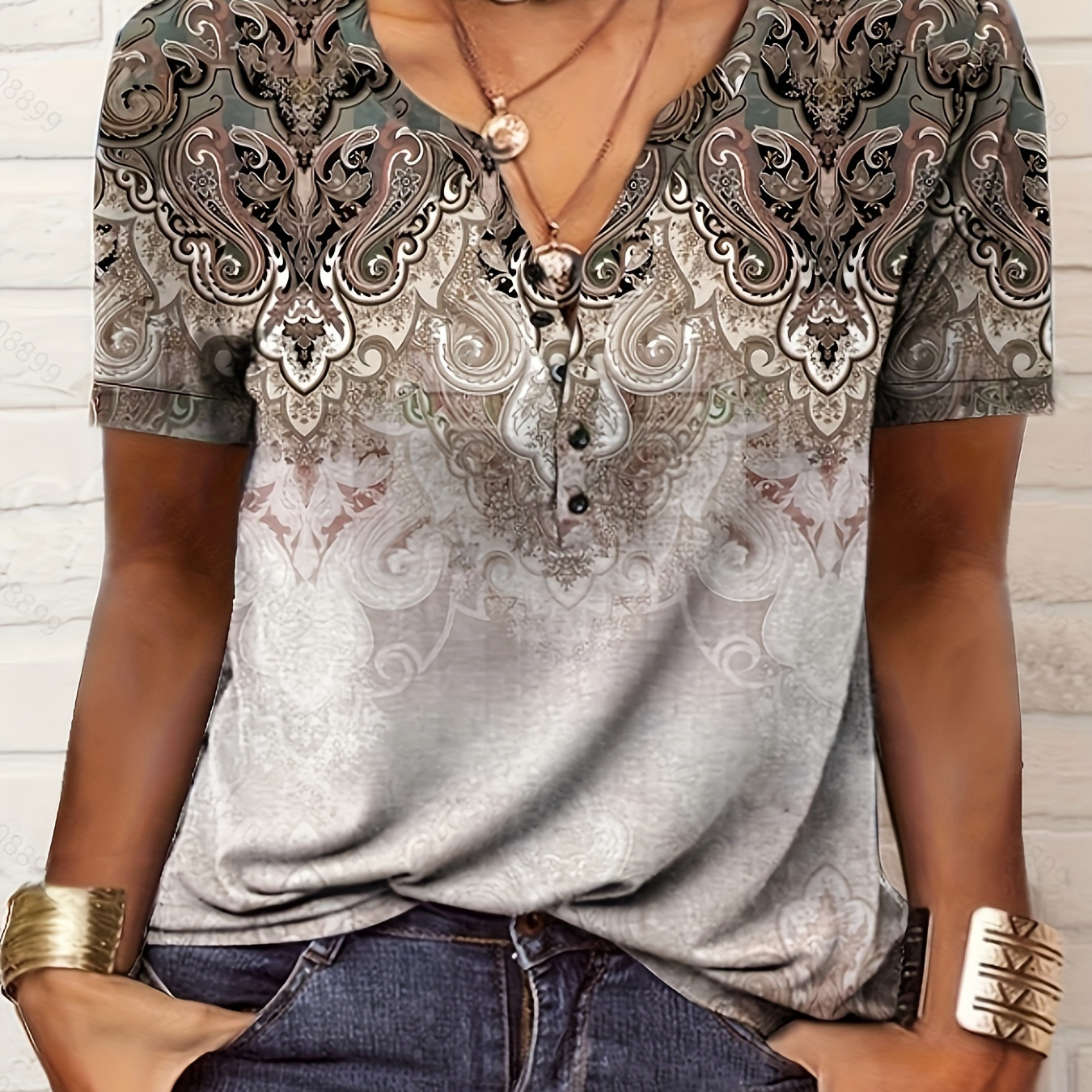 

Paisley Print Button Notched Neck T-shirt, Casual Short Sleeve Top For Spring & Summer, Women's Clothing