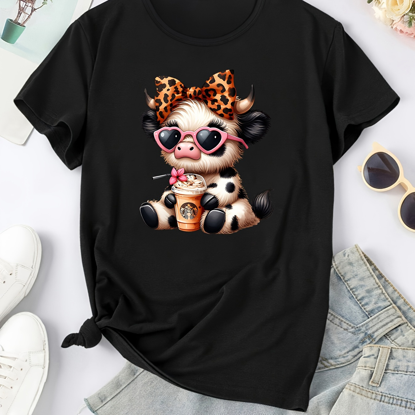 

Women's Cute Giraffe Cow Coffee Graphic Tee, Round Neck Short Sleeve T-shirt, Casual Daily Sportswear, Spring & Summer Women's Top