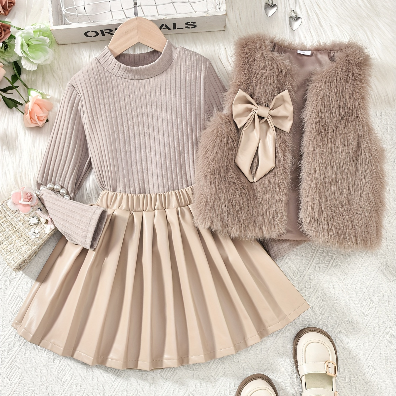 

Girls 3-piece Elegant And Warm Knit Mock Neck Long Sleeve Top And Pleated Skirt And Furry Bow Decor Vest Set, Stylish Fall And Winter Outdoor Set