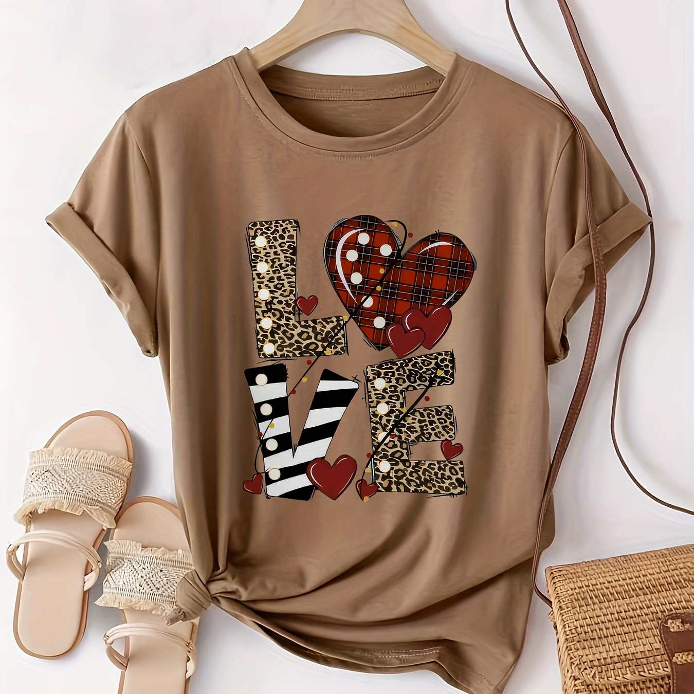 

Women's Valentine's Day Tee - Casual & Comfy Short Sleeve, Polyester With Leopard Print & , Round Neck, Machine Washable - Summer, Valentines Day Gifts