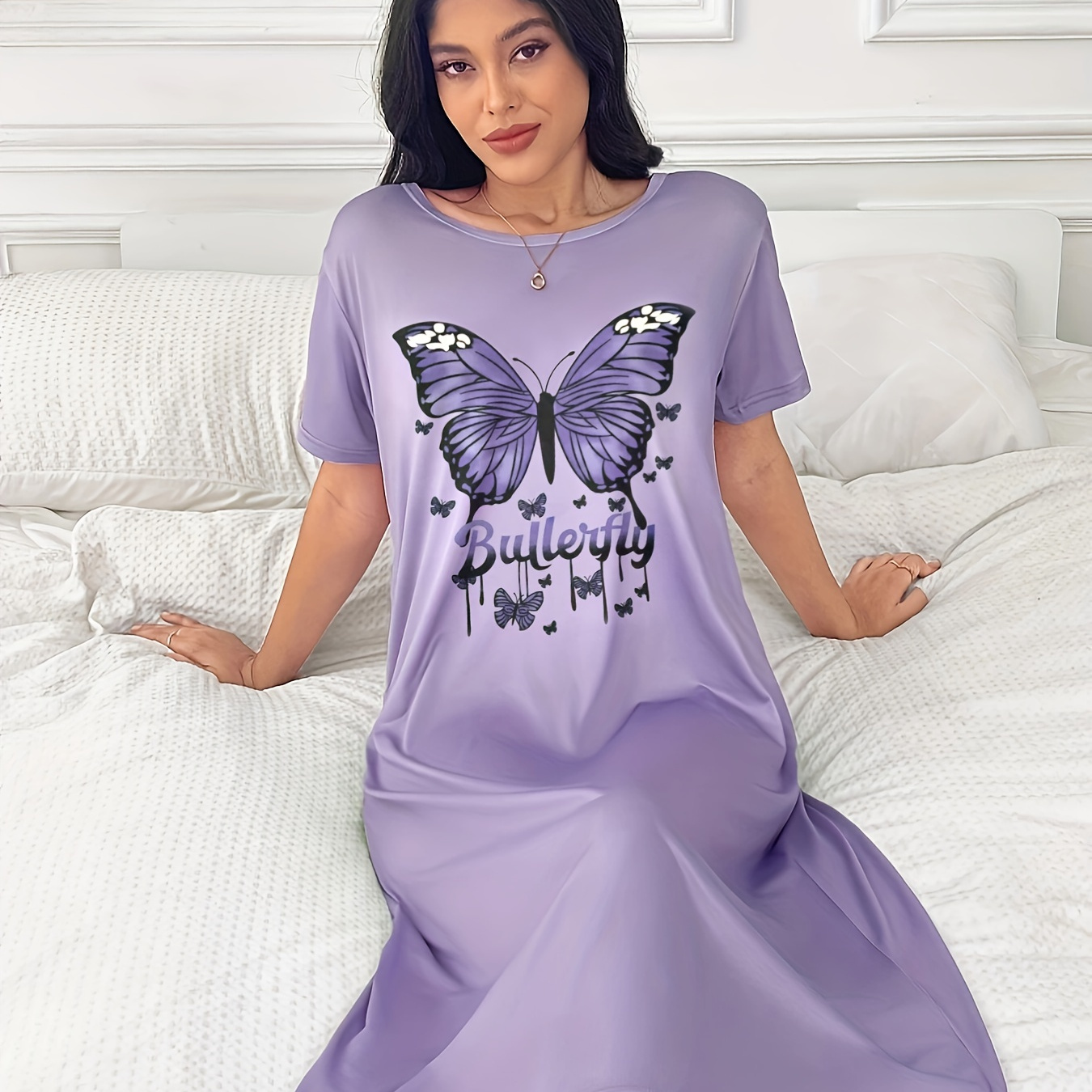 

Women's Butterfly & Letter Print Casual Sleepwear Dress, Short Sleeve Round Neck Loose Fit Tee Dress, Comfortable Nightgown