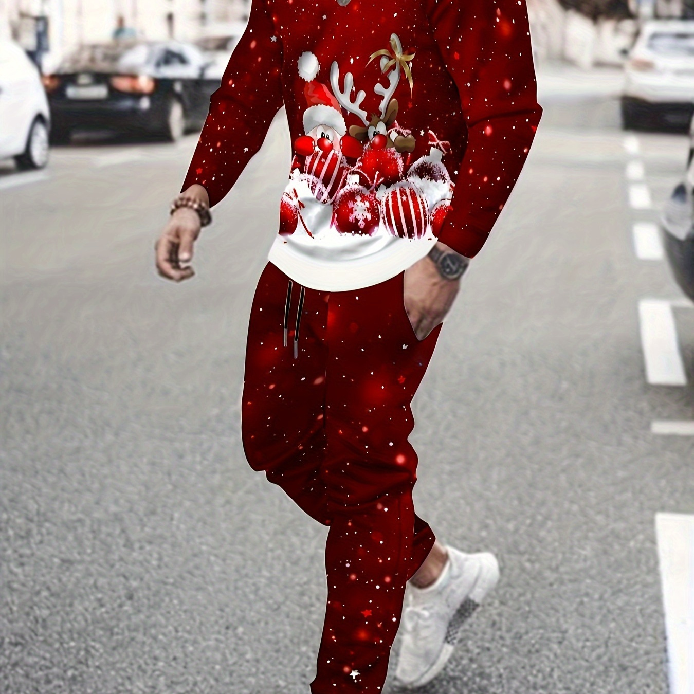 

Men's Christmas 2pcs Set: Santa & Reindeer Print Sweatshirt And Joggers - Cozy Polyester, For Fall/winter, Christmas Garland