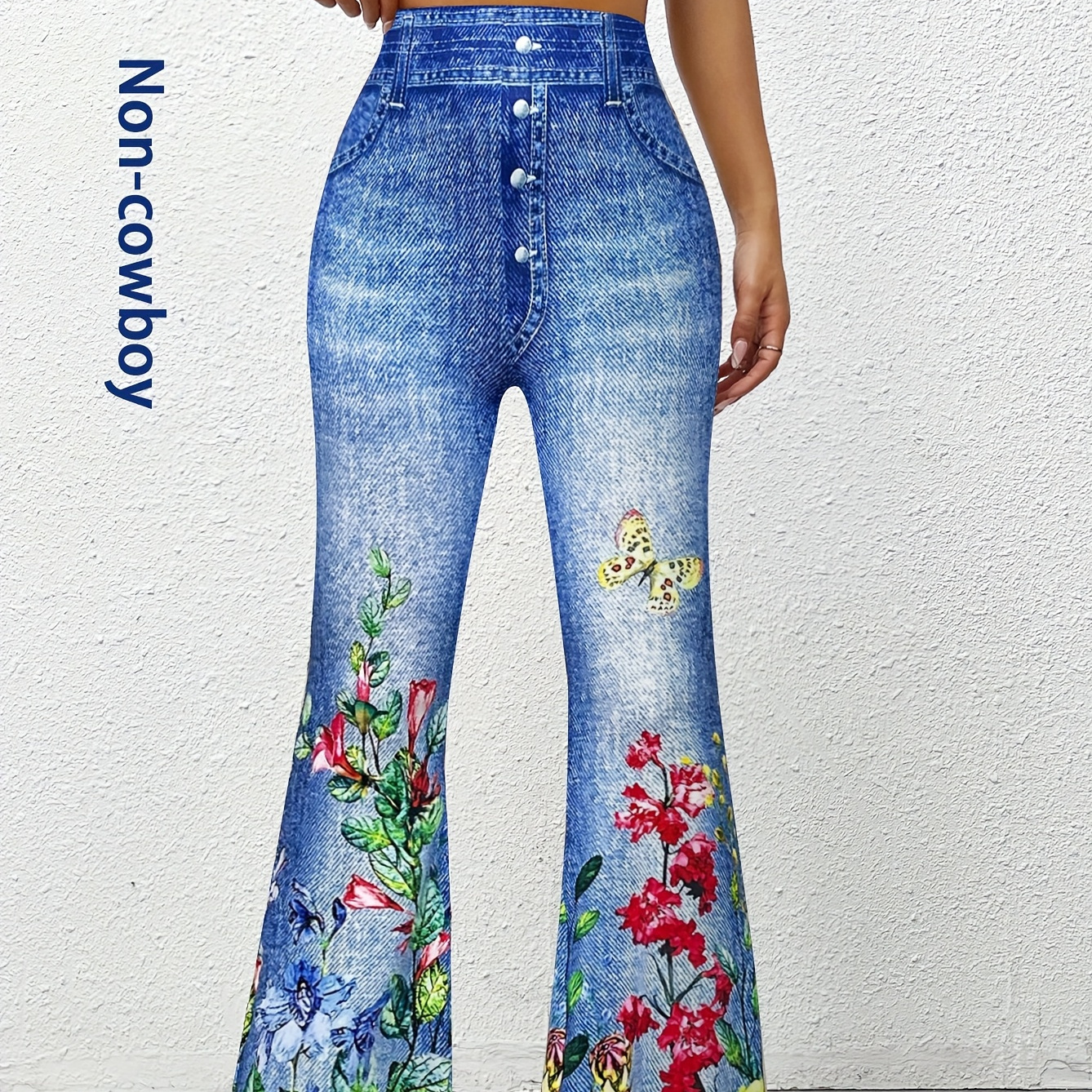 

1pc Women's Floral Print Flare Leg Denim, Polyester Knit Fabric, Adult Bell Bottoms