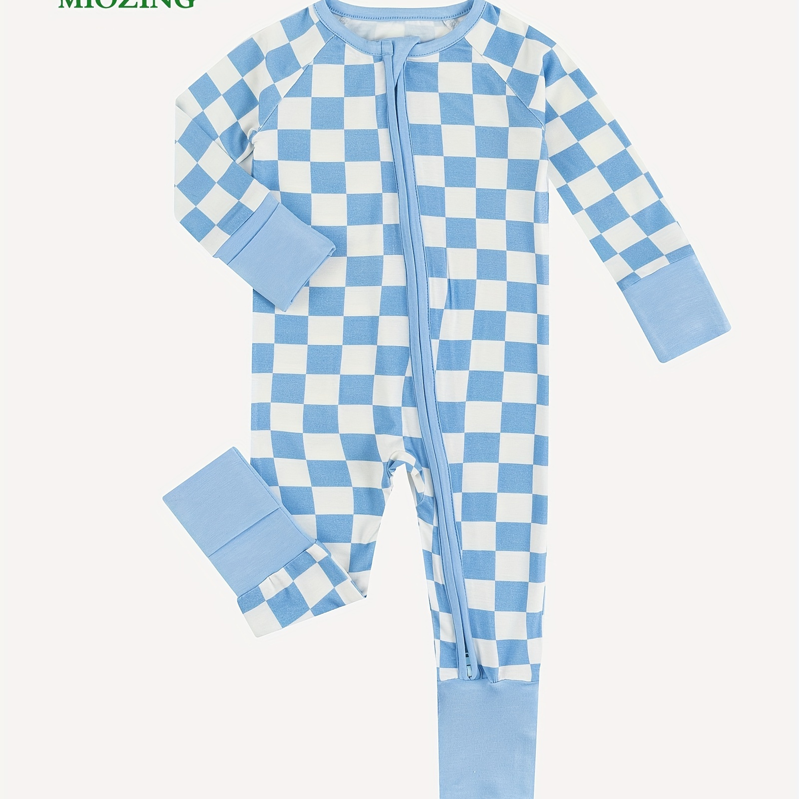 

Miozing Newborn Baby Bamboo Fiber Blue Checkerboard Print Long Sleeve Zipper Bodysuit