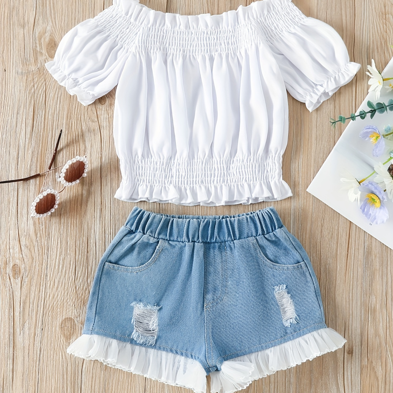 

Girls Summer Outfit - New Girls Summer Hot Sales Short Pants & Ruffle Off Shoulder Top Two-piece Set