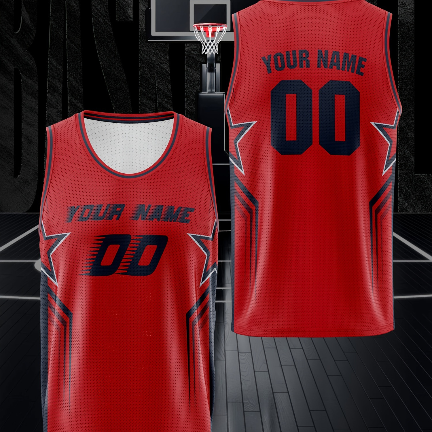 

Men's Customized Name & Number Basketball Tank Top, Comfort Fit Breathable Star Pattern Print Sportswear, Training Competition Clothing