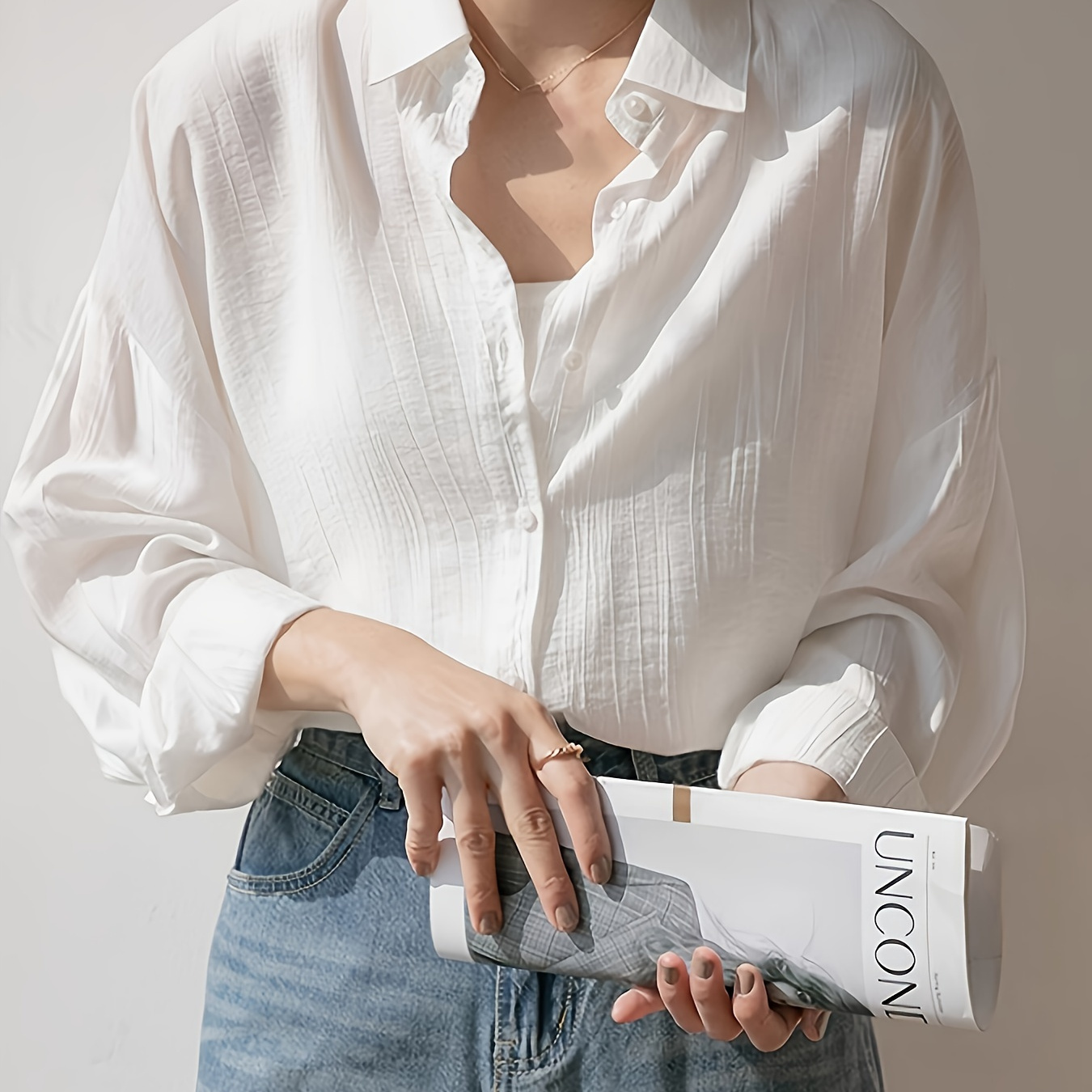 

Solid Color Button Front Shirt, Elegant Drop Shoulder Long Sleeve Blouse For Spring & Fall, Women's Clothing