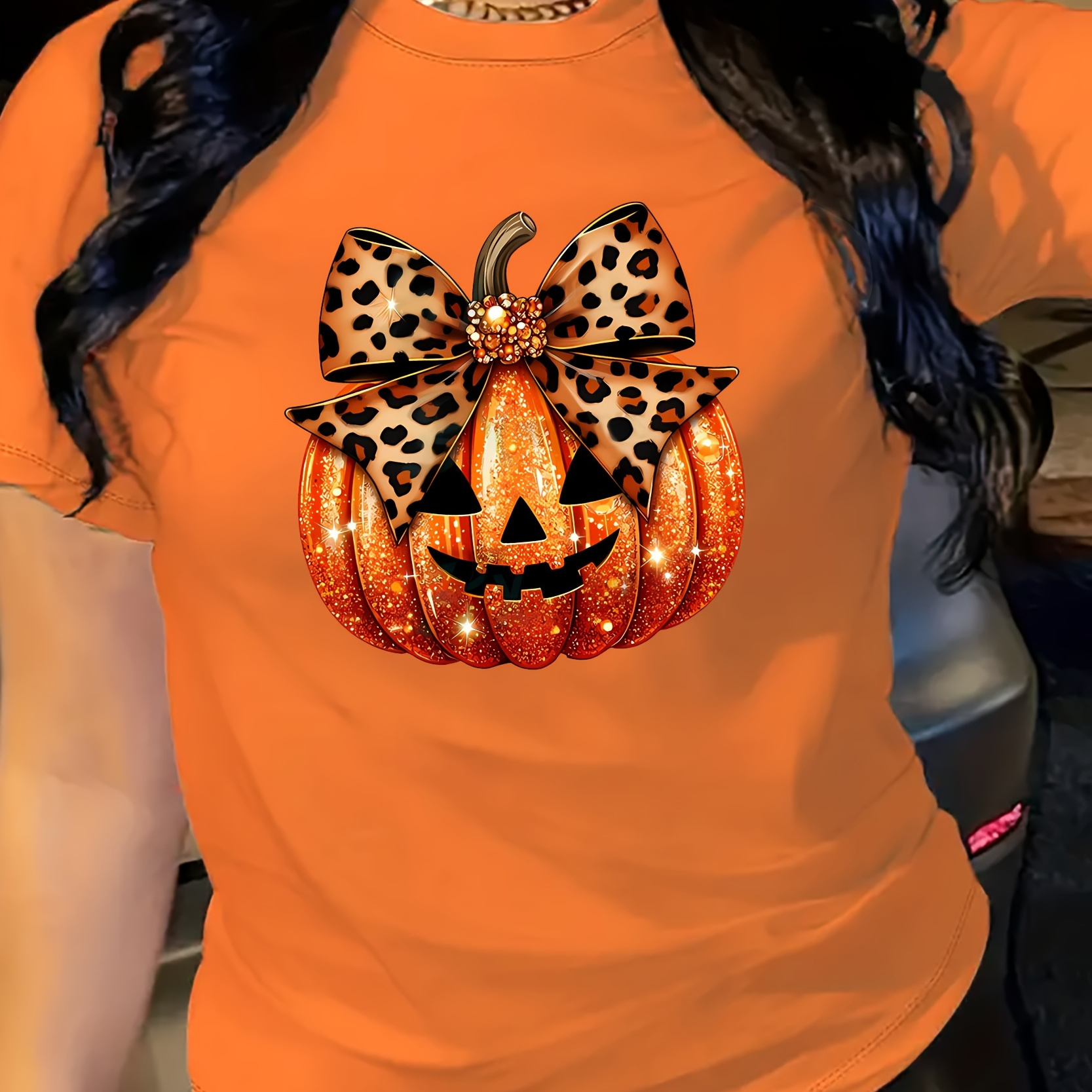 

Halloween Pumpkin T-shirt, Short Sleeve Crew Neck Casual Top For Summer & Spring, Women's Clothing