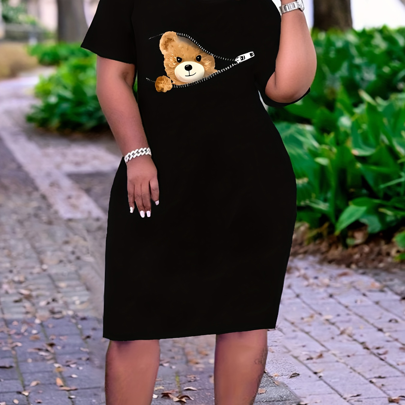 

Plus Size Bear Print Dress, Casual Short Sleeve Crew Neck Dress For Spring & Summer, Women's Plus Size clothing