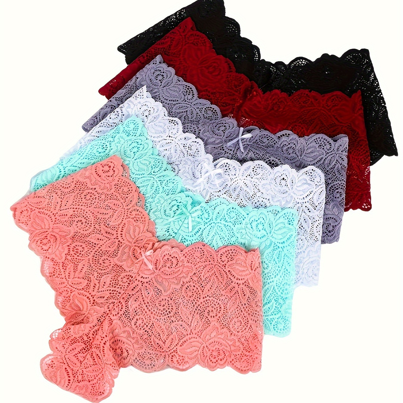 

6pcs Solid Floral Lace Semi Sheer Thongs, Sexy Comfy Breathable Stretchy Intimates Panties, Women's Lingerie & Underwear