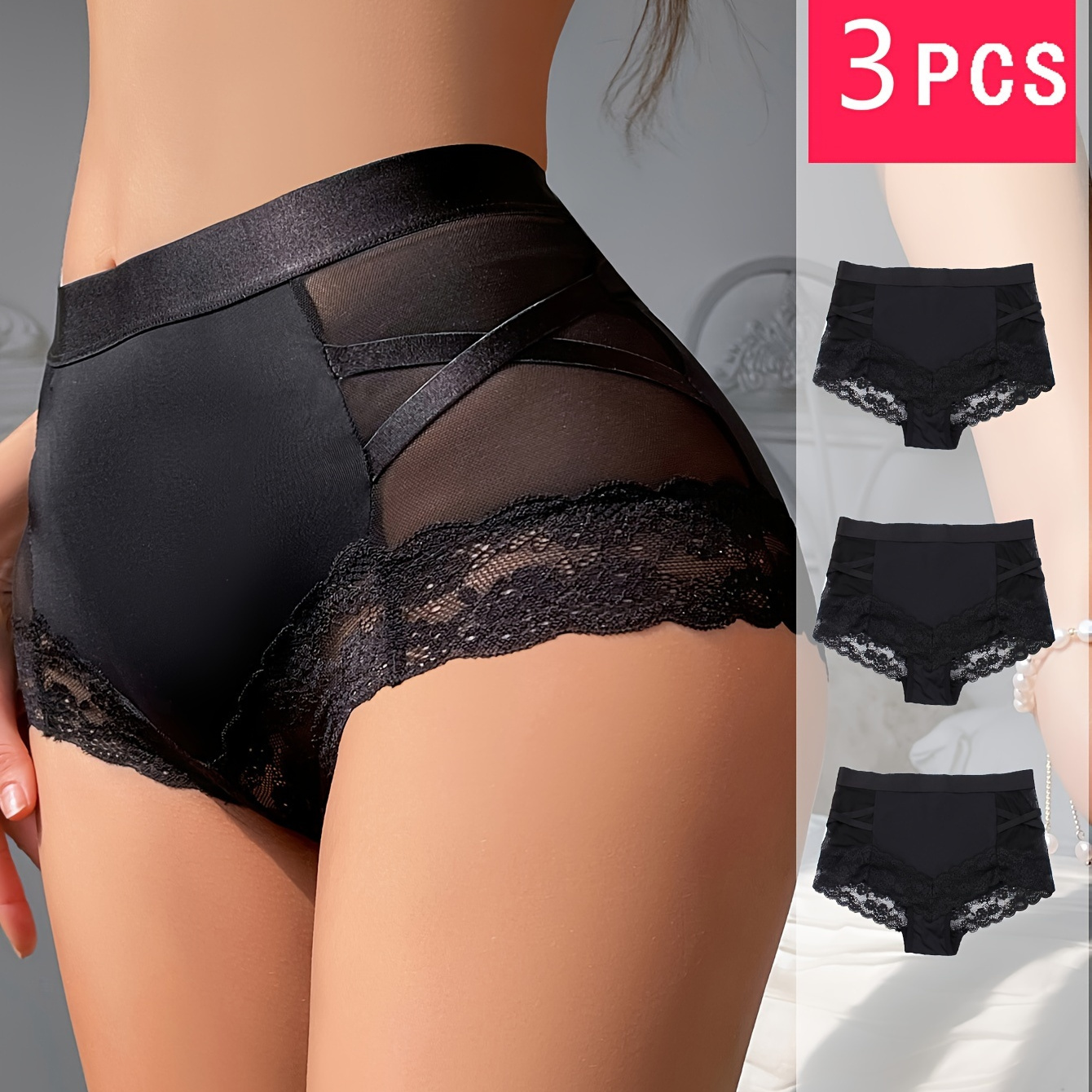 

3pcs Sexy Lace Stitching Panties, Breathable & Comfy Seamless Intimates Panties, Women's Lingerie & Underwear