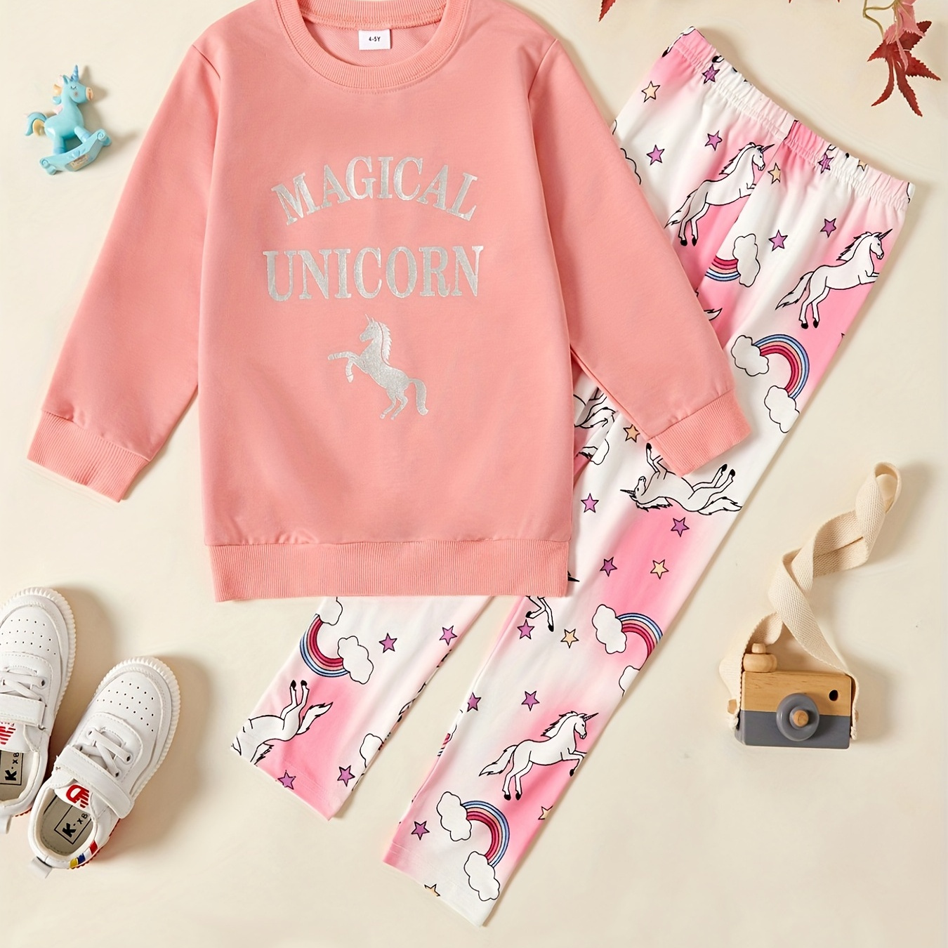 * 2pcs Kid Girl Cute & Adorable & Casual Unicorn Graphic Long*Sleeve Hoodie  Sports*top And Leggings Fashion Set For Spring & Autumn/Fall