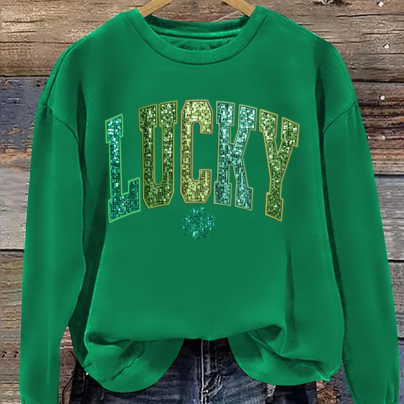 

Women's 's Day "" Clover Print Sweatshirt - Casual Green Crew Neck, Long Sleeve, 100% Polyester, Machine Washable - Ideal For , Holiday Clothing|stylish Casualwear|polyester Sweatshirt