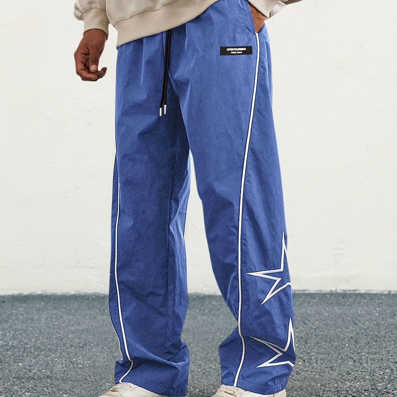 

Men's Loose Fit Wide Leg Drawstring Pants, Star Pattern Embroidery, Men' Comfy Pants