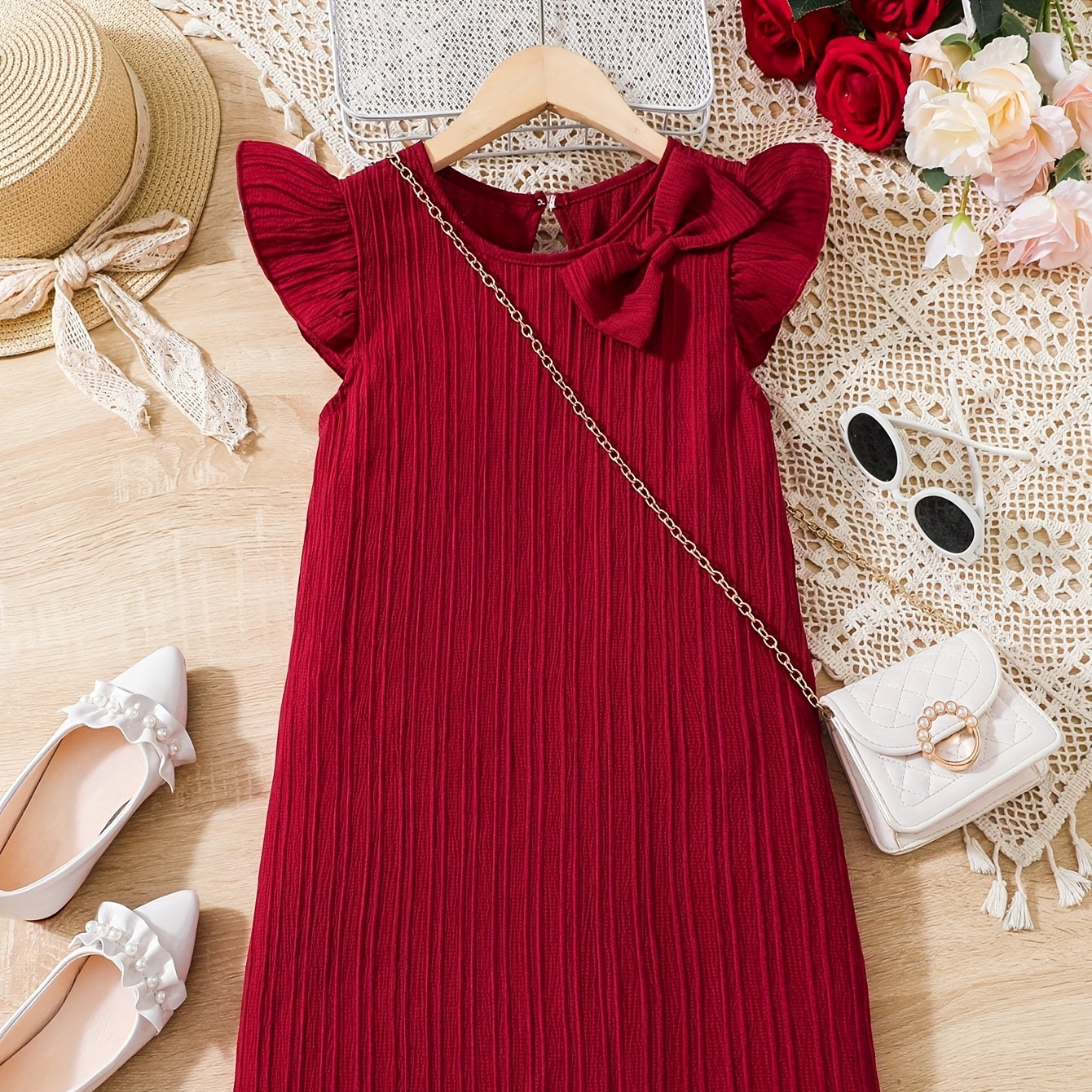 

Vintage Bowknot Ruffle Sleeve Straight Dress Girls Casual Vacation Dresses Summer Gift