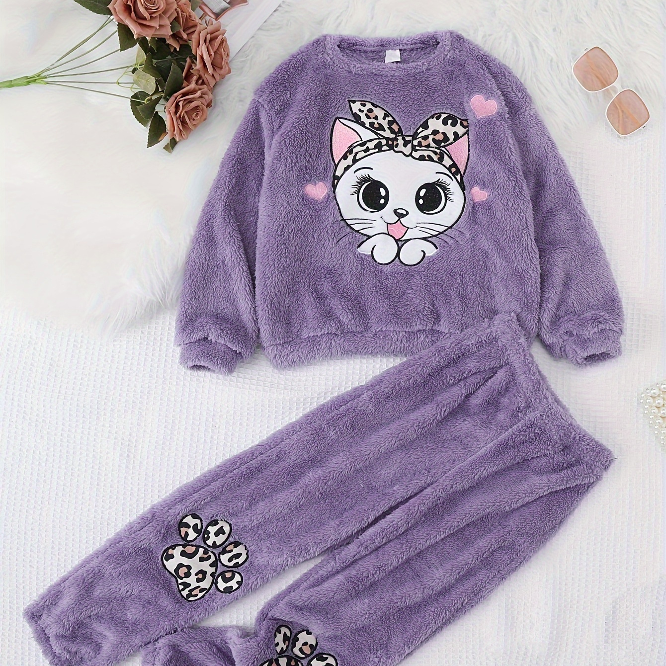 

Warm Plush Sets 2pc Girls, Kitty Print Pullover + Flare Pants Set Casual Outfits Kids Gift Halloween