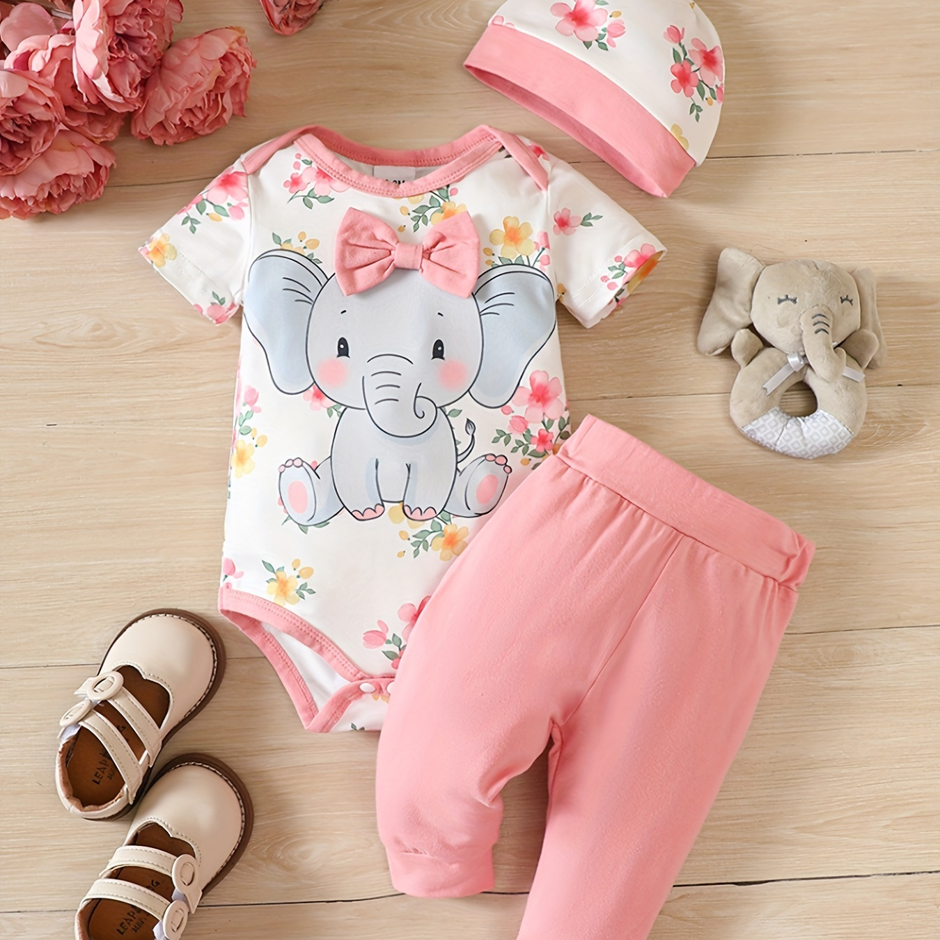 

3pcs, Infant Super Cute Elephant Print Bow Short Sleeve Romper Top + Pants + Hat Set, Newborn Baby Girls Lovely Casual Outfits Clothes