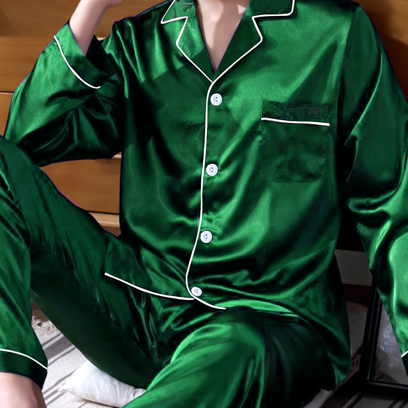 

Men's Pajama Set, Two-piece Long Sleeve Sleepwear, Casual Polyester 97% With 3% Elastane, Non-stretch Woven Fabric, Loose Fit Lapel Collar, Solid Color, Fall/winter