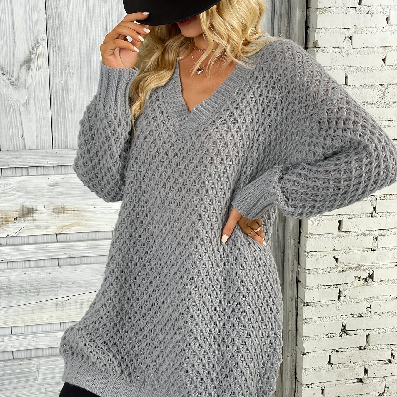 

Solid Simple Knit Sweater, Casual V Neck Long Sleeve Solid Sweater, Women's Clothing