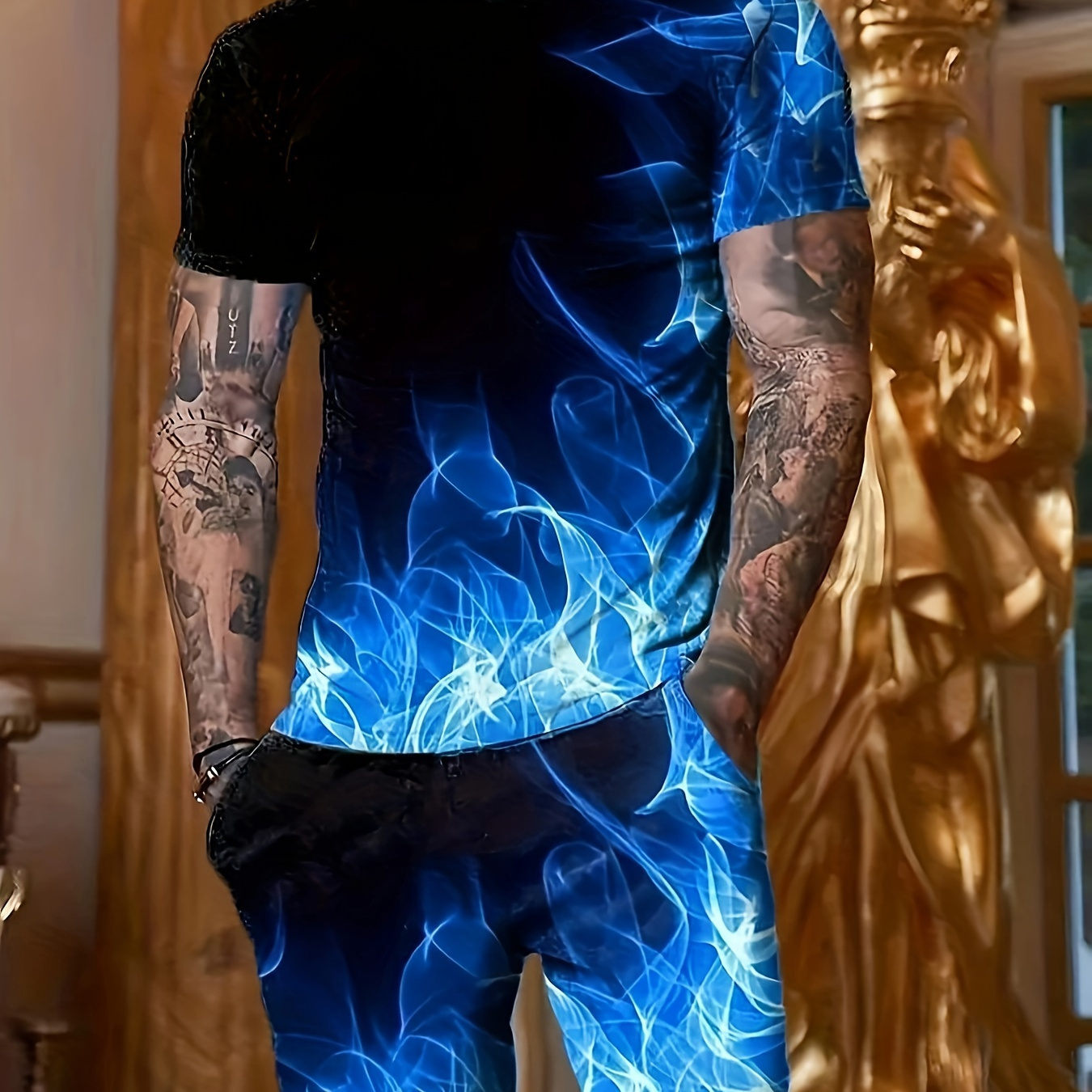 

Men's 2-piece Athletic Set, Fashion Digital Print Short Sleeve Top And Drawstring Shorts In Sportswear Style
