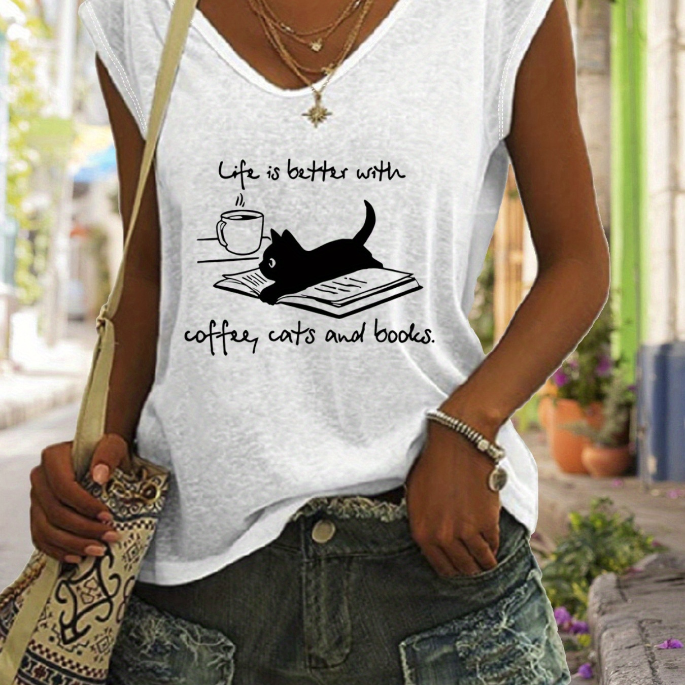 

Cat Print Cap Sleeve Top, Casual Top For Summer & Spring, Women's Clothing