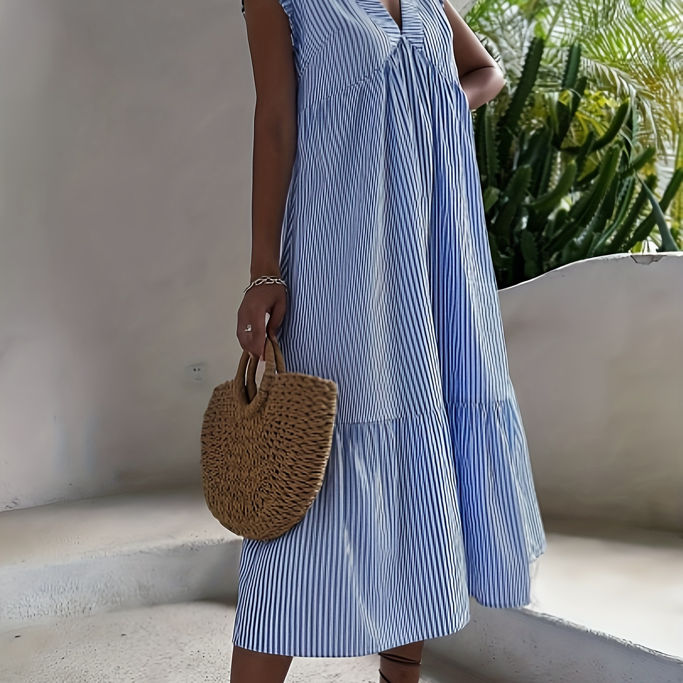

Vacation Vibes Striped V-neck Dress, Casual Sleeveless Ruffle Hem Loose Fit Dress For Spring & Summer, Women's Clothing