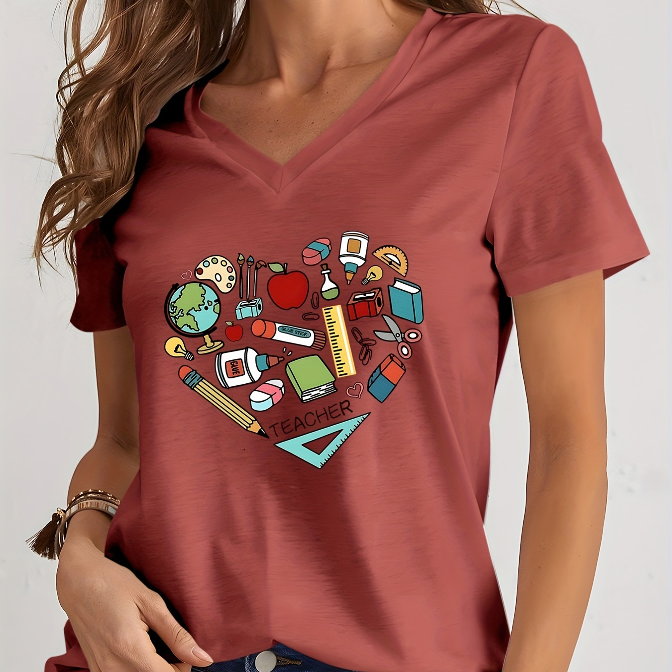 

Graphic Print V Neck T-shirt, Casual Short Sleeve T-shirt For Spring & Summer, Women's Clothing