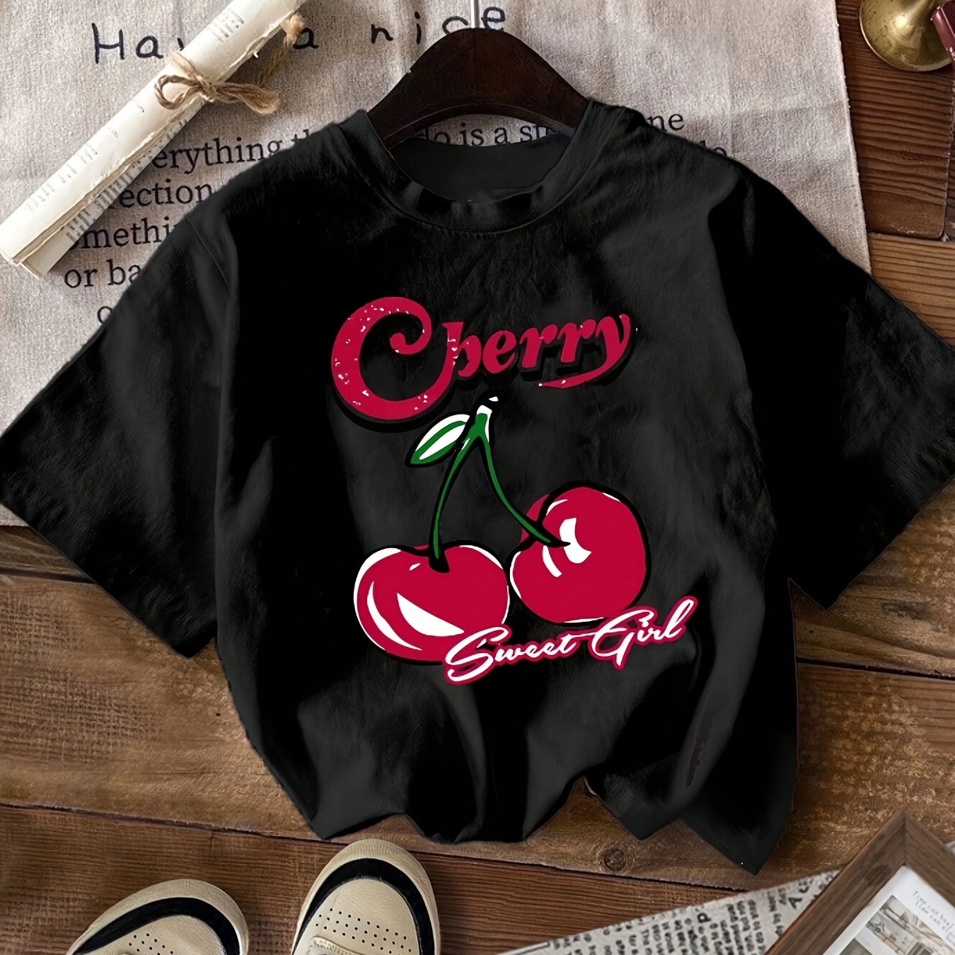 

Letter & Cherry Print T-shirt, Short Sleeve Crew Neck Casual Top For Summer & Spring, Women's Clothing