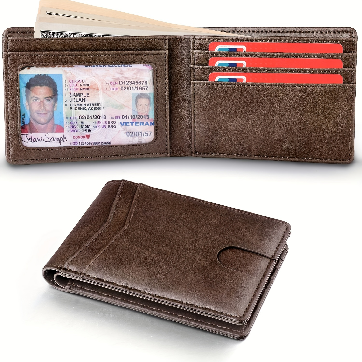 Rfid Blocking Cowhide Leather Bifold Wallet For Men With 2 Id Windows Black  Carbon Fiber - Temu