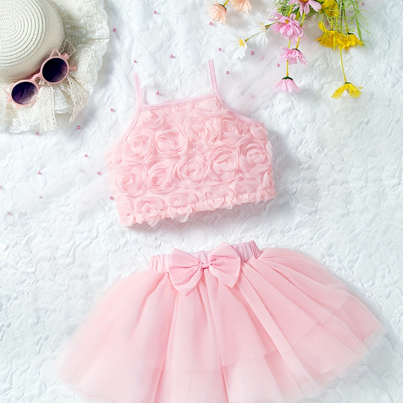 

2-piece Girl's Rose Jacquard Cami Top + Bow Tutu Skirt Set Holiday Birthday Outfit Summer Gift