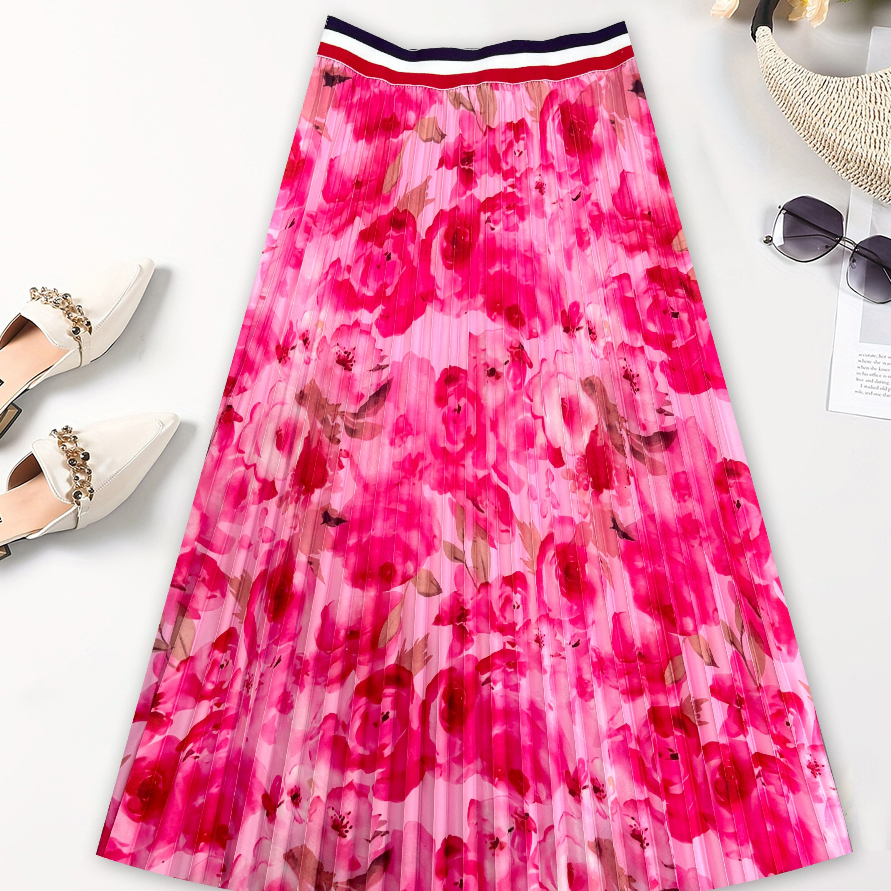 

Floral Print High Waist Pleated Skirt, Casual A-line Midi Skirt For Spring & Summer, Women's Clothing