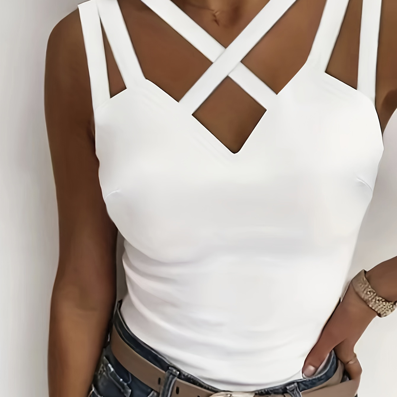 

Cross Front Solid Slim Cami Top, Elegant Backless Sleeveless Top For Spring & Summer, Women's Clothing