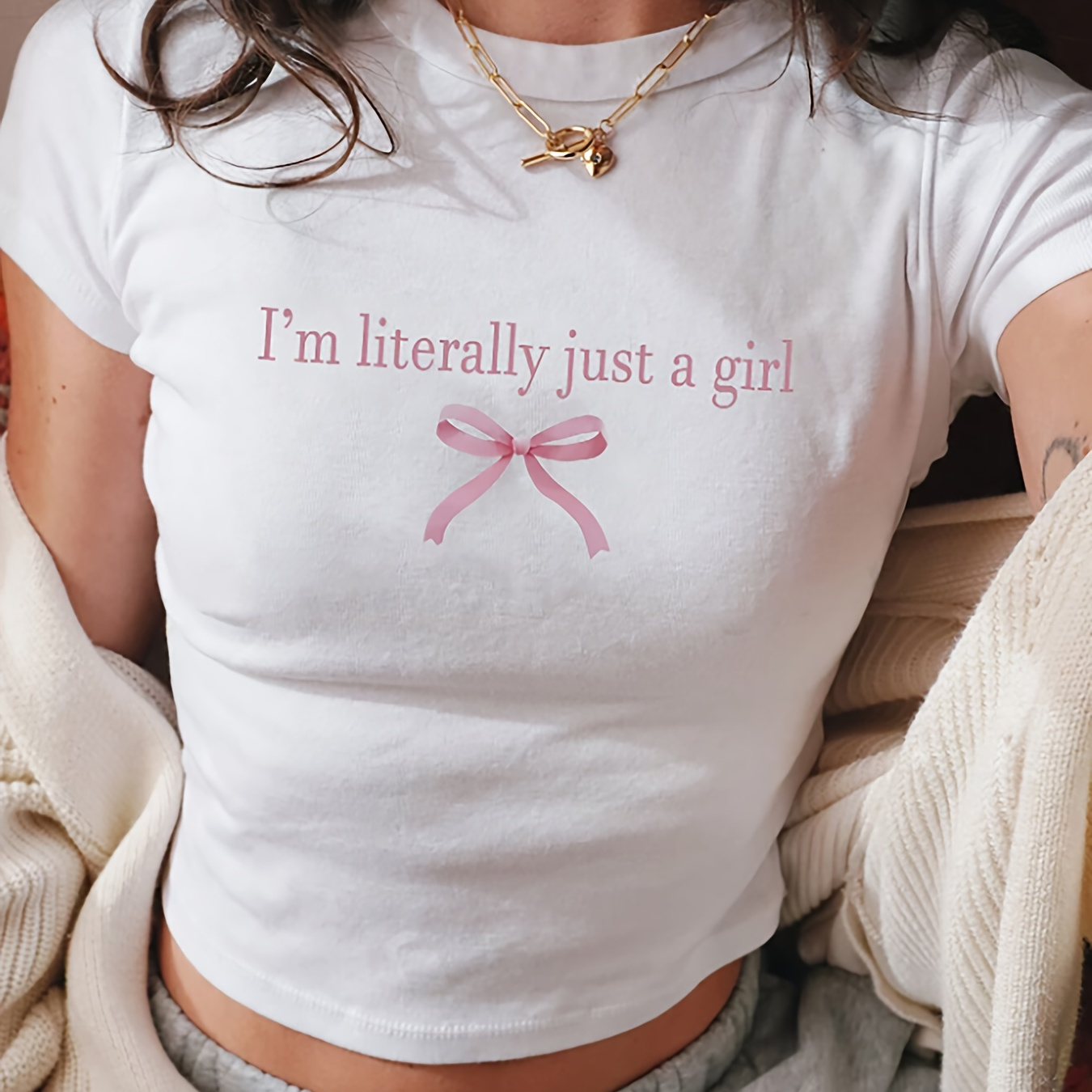 

Chic Bow & Letter Print Top - Women's Summer Short Sleeve T-shirt, Casual Polyester Knit, Machine Washable