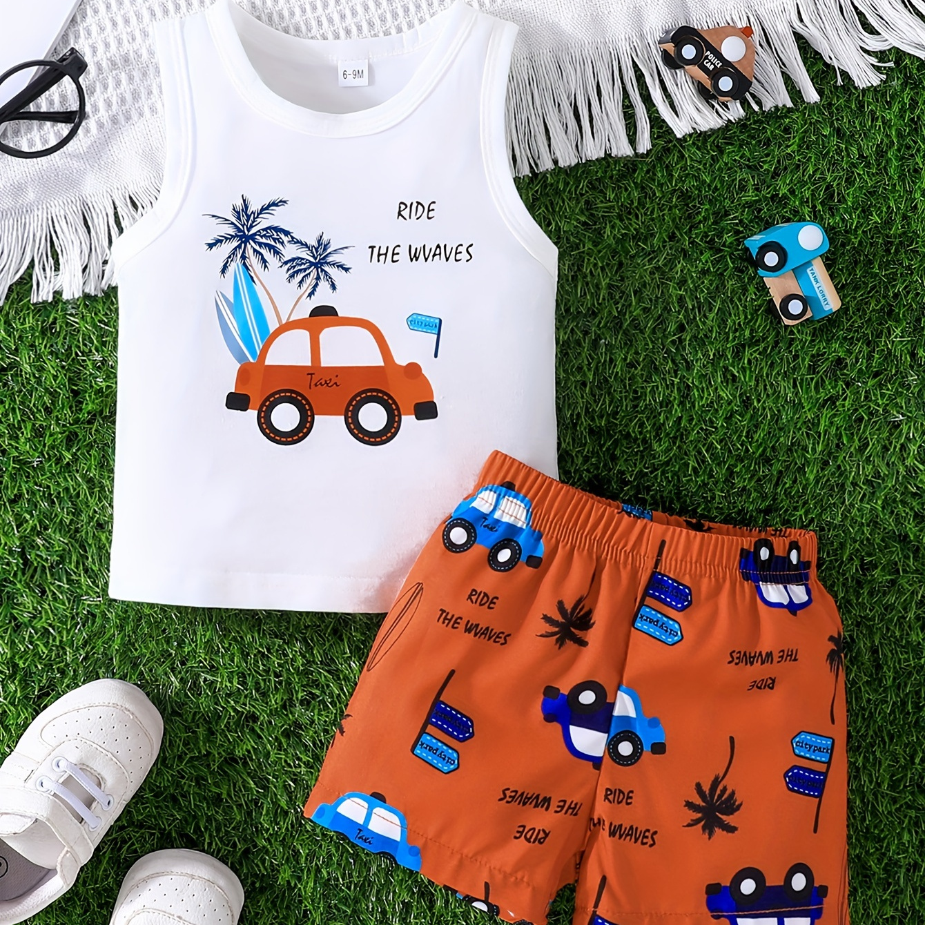 

2pcs Toddler Girls Boys "ride The Waves" Print Summer Set, Tank Top & Casual Allover Print Shorts, Baby Unisex Clothes