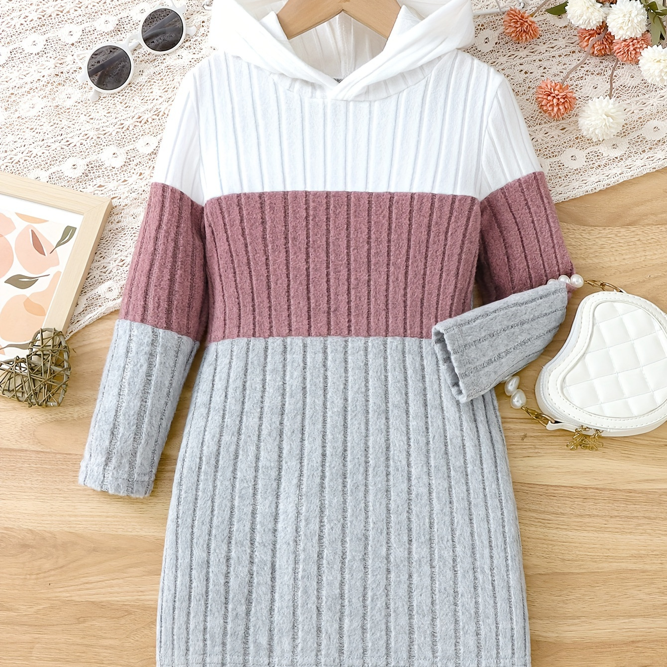 

Casual Color Block Hooded Dress For Girls - Knitted Fabric Spring/fall Long Sleeve Fitted Pullover With Slight Stretch - Polyester Blend Children's Hoodie Dress