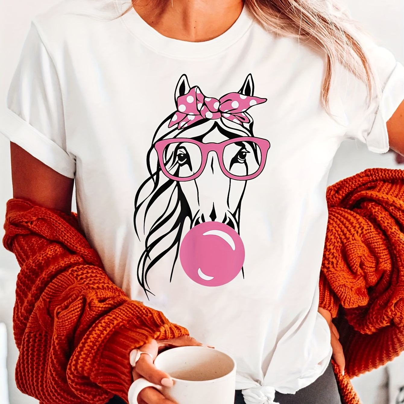 

Horse Print Crew Neck T-shirt, Short Sleeve Casual Top For Summer & Spring, Women's Clothing