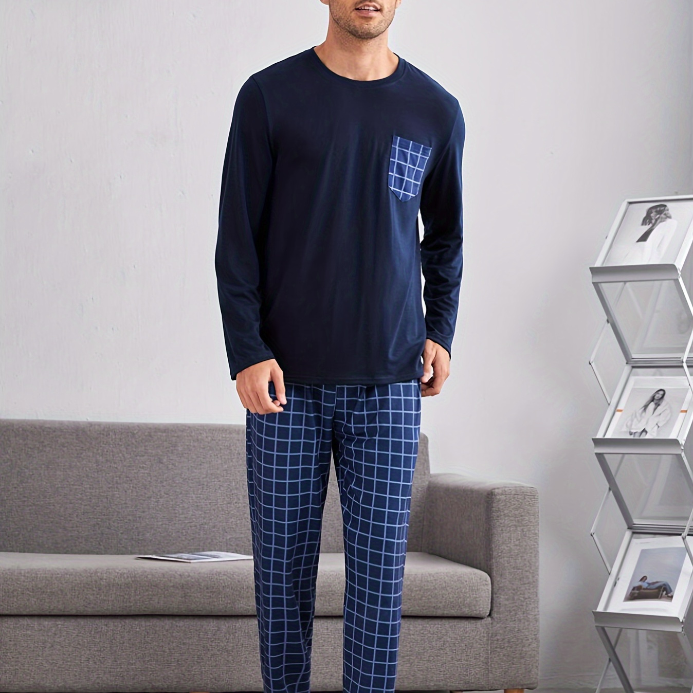 

Men's Navy Blue Long Sleeve Pajama Set With Pockets - Cozy Polyester Crew Neck Top & Pants Loungewear