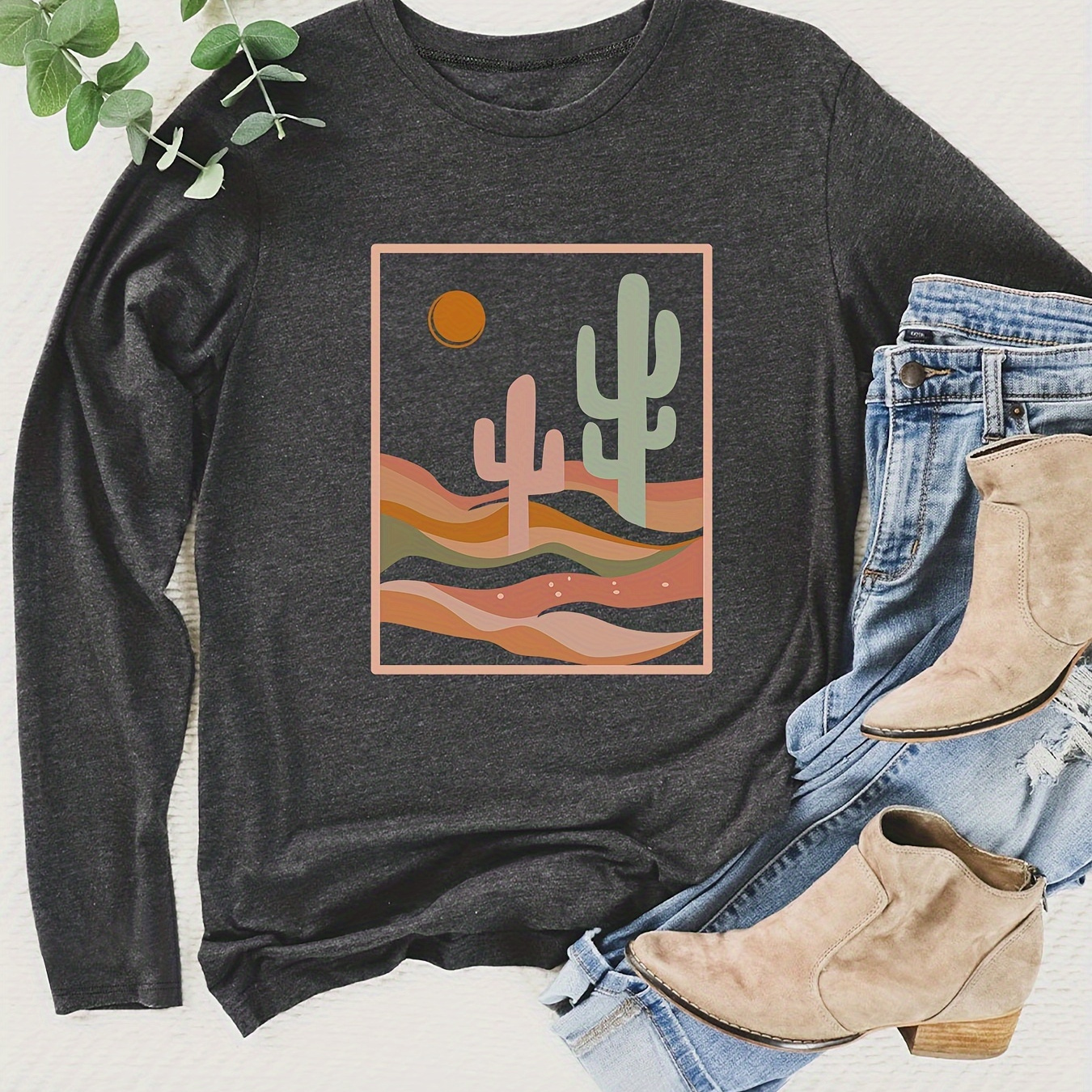 

Cactus Print T-shirt, Long Sleeve Crew Neck Casual Top For Spring & Fall, Women's Clothing