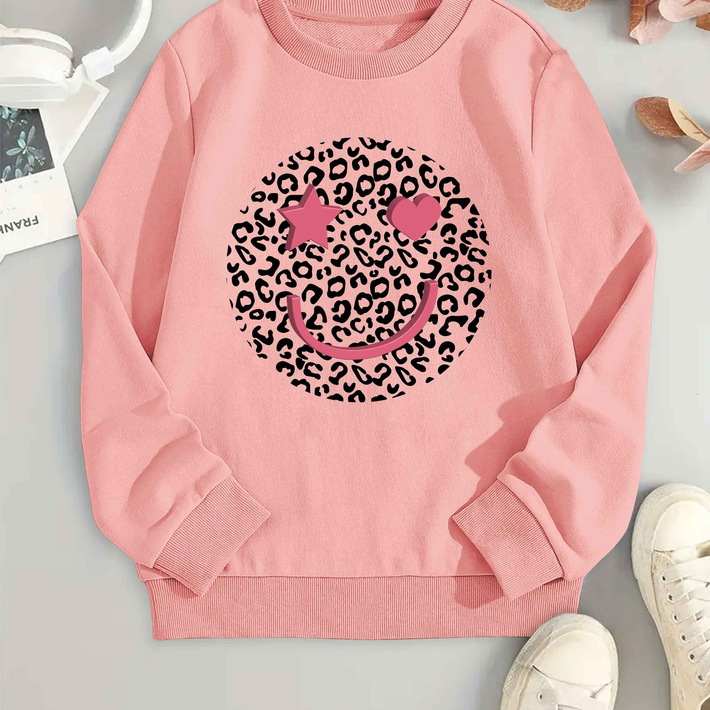 

Loose Comfy: Leopard Face Print Girls Long Sleeve Casual Sweatshirt, Pullover Tops For Daily Outdoor Holiday