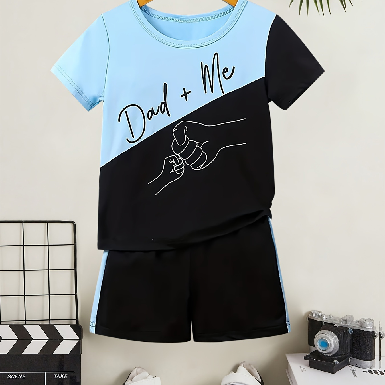 

2pcs Boys Casual Dad+me Letter And Fist Print Comfortable Versatile Short Sleeve T-shirt & Shorts Set, Cool, Lightweight And Comfy Summer Clothes!