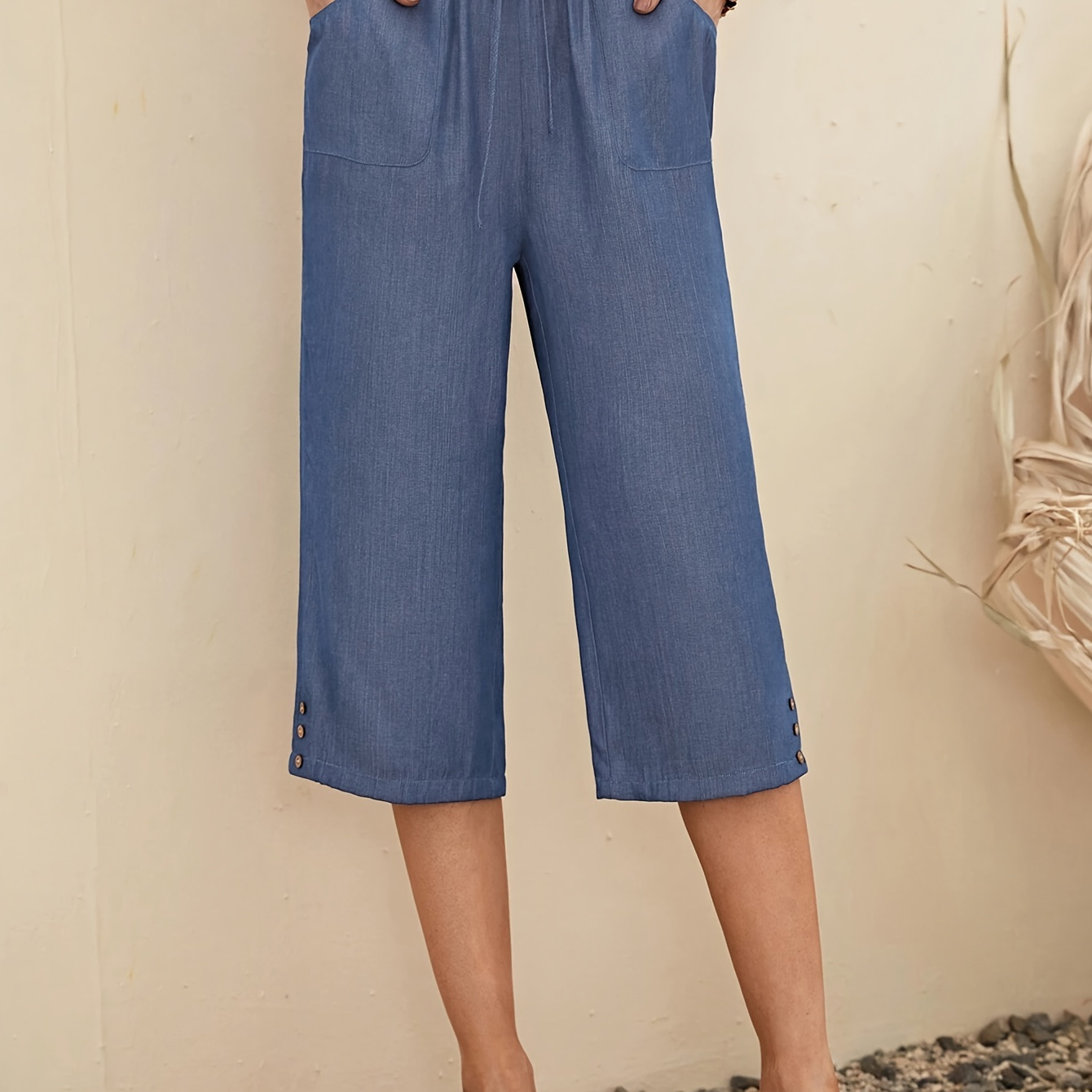 

Elegant Blue Waist Capri Pants For Women - Polyester, Machine Washable, Non-sheer - Spring/fall