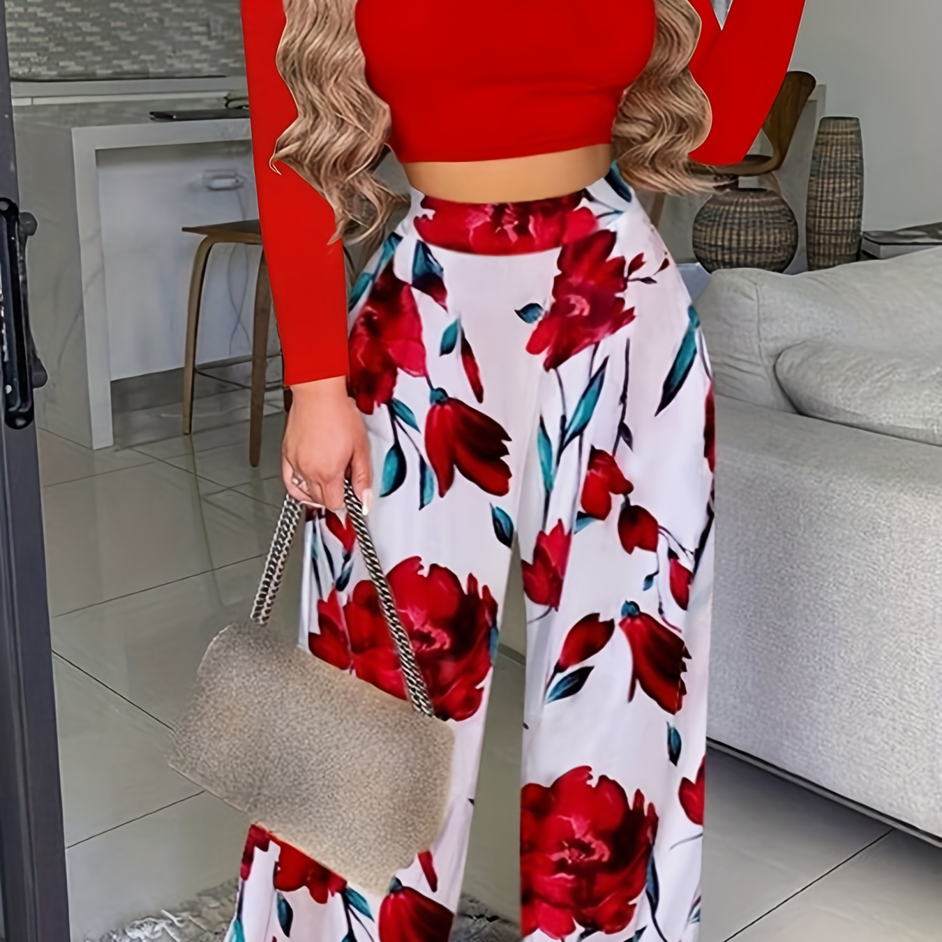 

Casual Spring & Fall Two-piece Set, Solid Long Sleeve Tops & Floral Print Wide Leg Pants Outfits, Women's Clothing