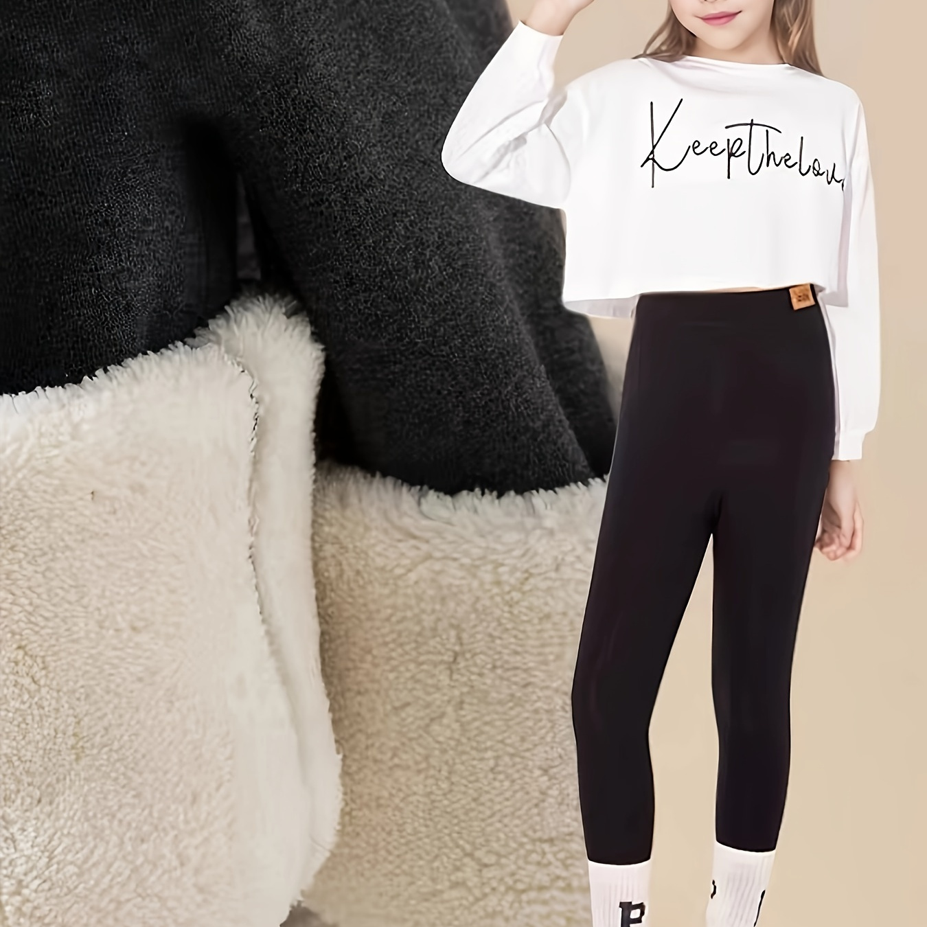 

1pc ' Fleece-lined Leggings, Thickened Knit Pants Letter Pattern, , , , Regular