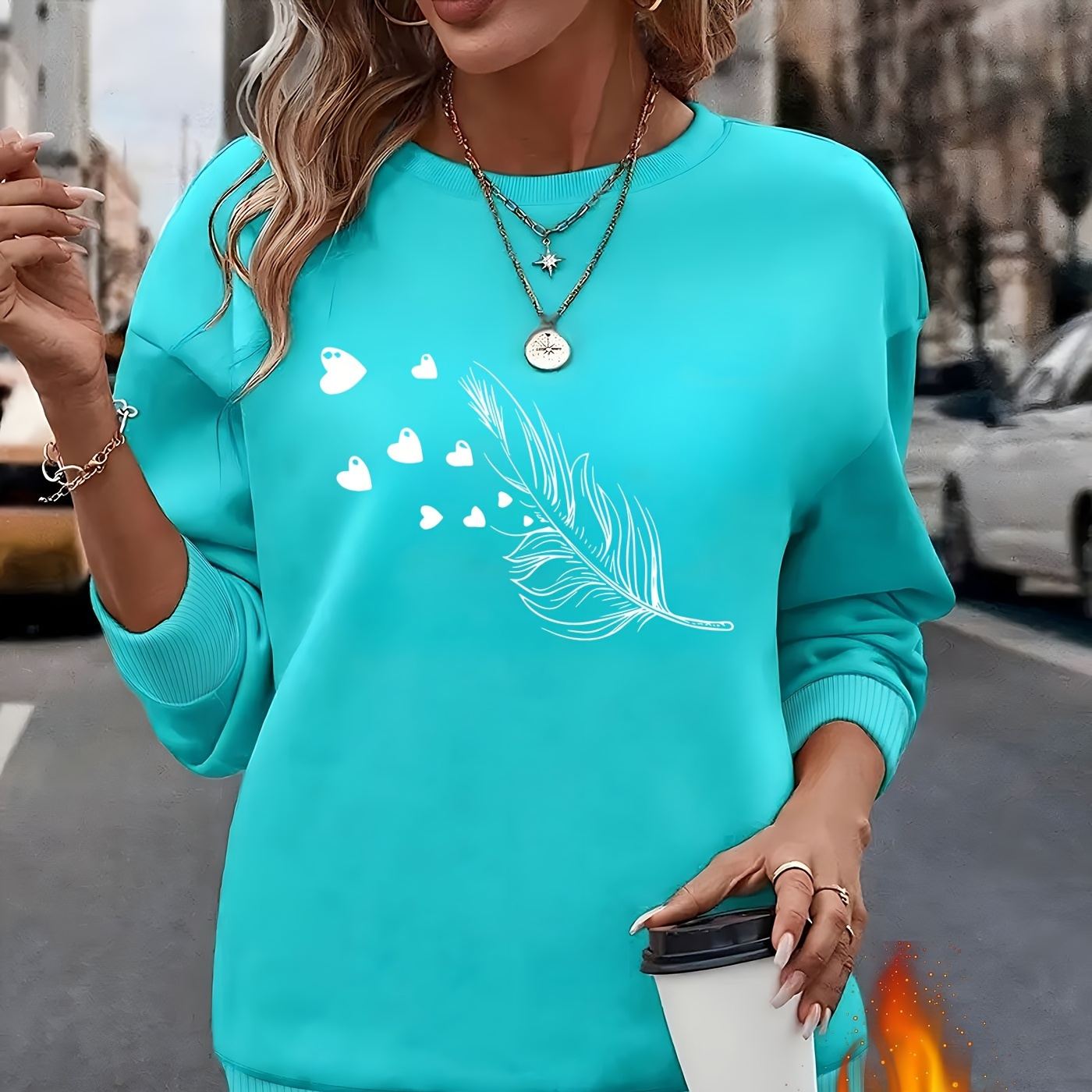 

Women's Elegant Crew Neck Sweatshirt, Blue With Creative And Heart Pattern, Fleece-lined Long Sleeve Pullover, 100% Polyester Knit Fabric, Wear