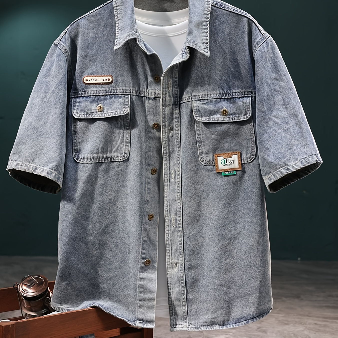 

Men's Solid Denim Shirt With Chest Pockets, Vintage Style Lapel Button Up Cotton Blend Short Sleeve Shirt For Summer Outdoor Activities